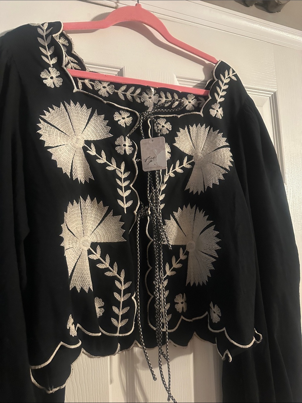 Free People Black Cropped Peasant Top with Cream Embroidery - Picture 2 of 6